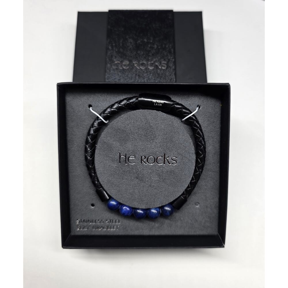 HE ROCKS Men’s Leather Bracelet Blue Beads Stainless Steel 8.25
